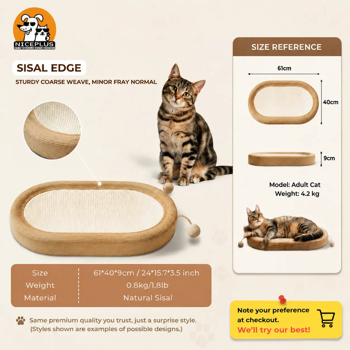 NICEPLUS 2-In-1 Cat Scratcher Lounge Bed, Play and Rest Design, Sisal Cardboard Mix, No Paper Scraps, anti Overturning, Heavy Duty Plant Fiber, Non-Toxic, Eco-Friendly