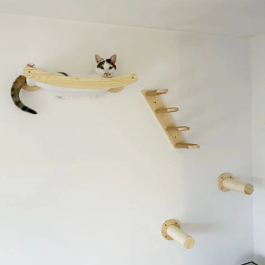 3-Piece Wall-Mounted Cat Climbing Set Cat Tree &Cat Hammock &Cat Ladder Cat Wall Mounted Furniture for Sleeping Playing Rest Kitten Home Natural Wood #Summersale