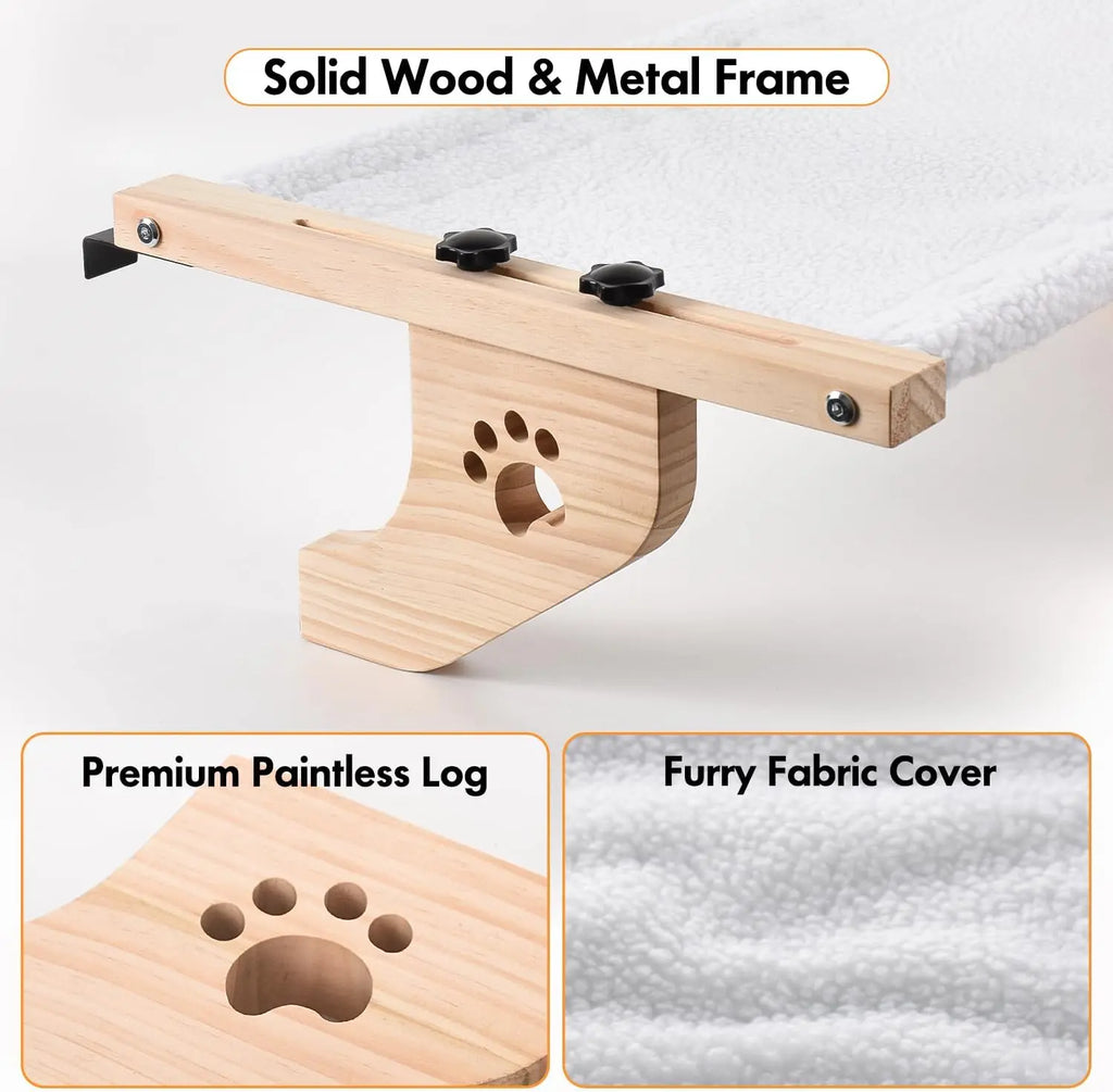 Petwhole Cat Window Sill Perch-Natural Wood & Metal Frame for Large Cats and Kittens, Adjustable Foldable Cat Window Bed with Large Load Capacity,Sturdy and Durable,Universal Fit for All Windowsills & Bedside,Easy to Adjust,Cat Sunbathing Rest Essential