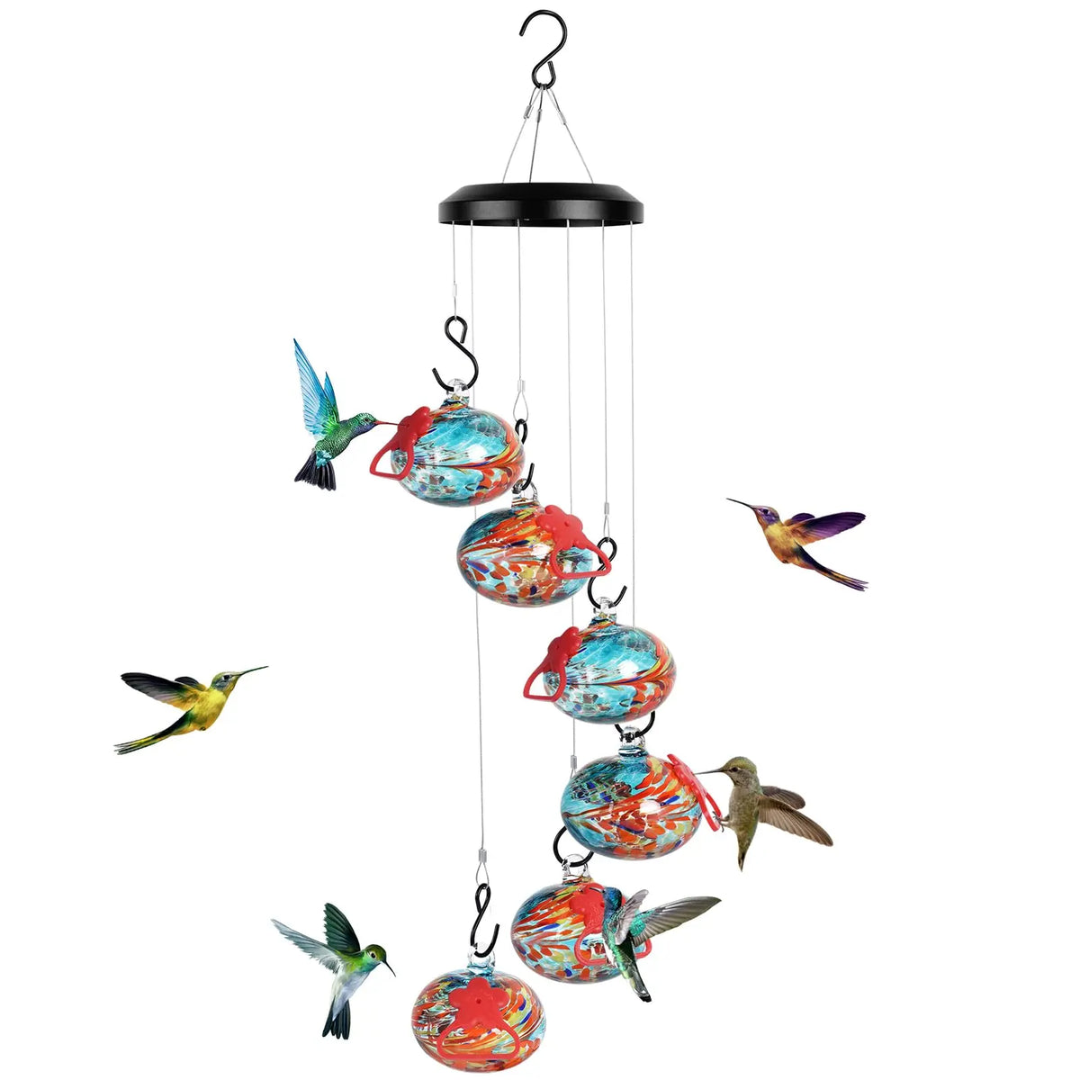 Jewel Tones Hand-Swirled Hummingbird Glass Bird Feeders Set with Perch - 6 Hand-Blown Feeders, 12 Silicone Flower Ports, Wind Chime Cascade Design, Outdoor Garden Decor, Gifts for Moms, Grandparents, Birthdays