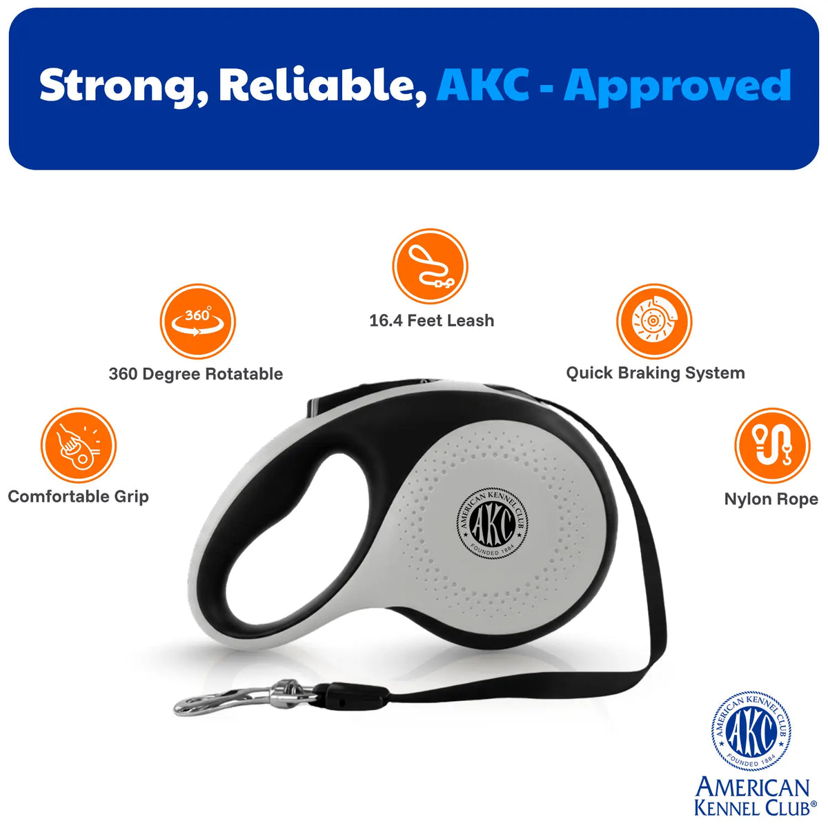 American Kennel Club Retractable Dog Leash, Tangle-Free, 16.4 Ft, for Medium Dogs up to 66 Lbs