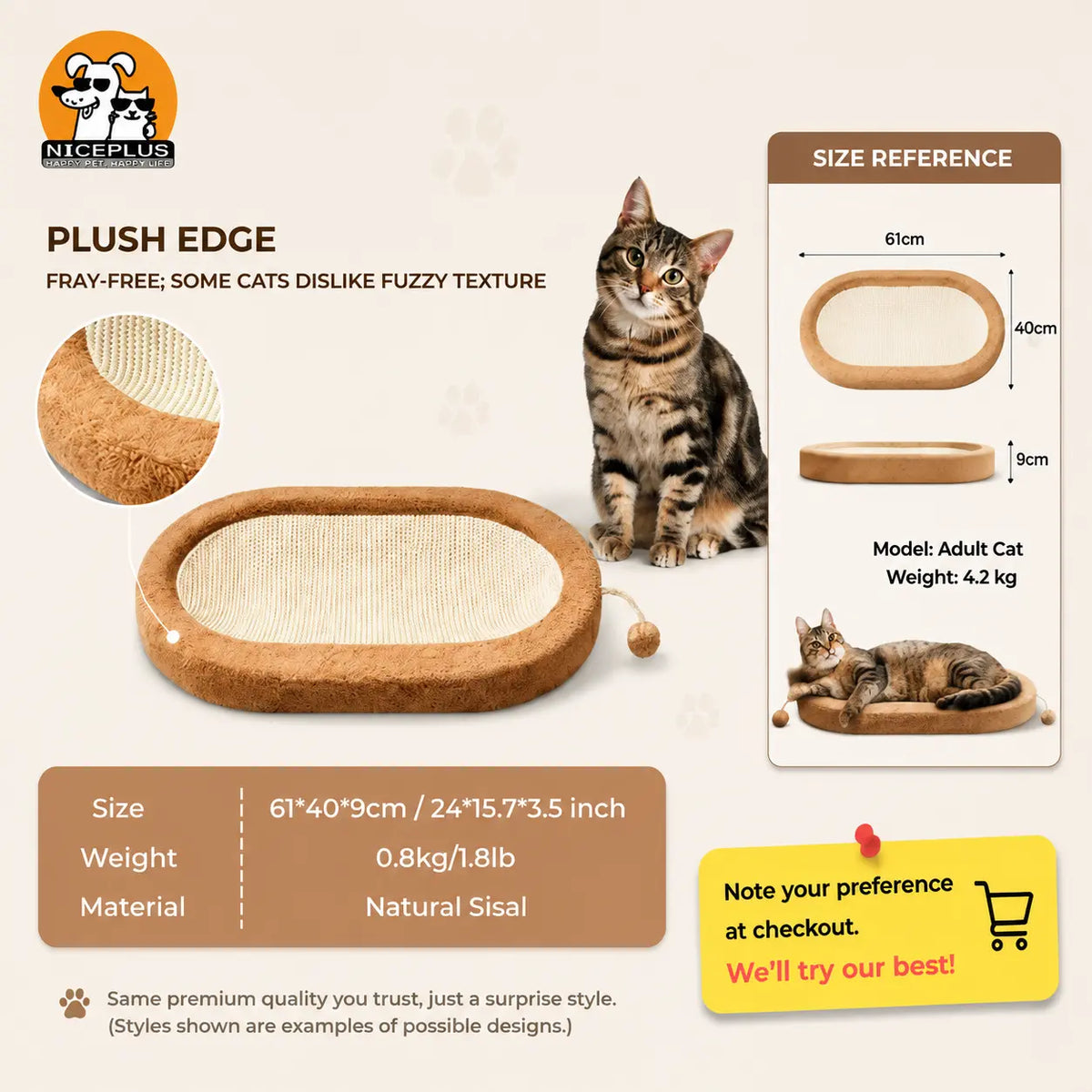 NICEPLUS 2-In-1 Cat Scratcher Lounge Bed, Play and Rest Design, Sisal Cardboard Mix, No Paper Scraps, anti Overturning, Heavy Duty Plant Fiber, Non-Toxic, Eco-Friendly