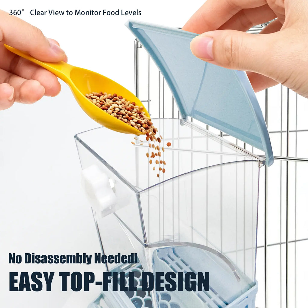 No Mess Bird Feeder for Cage - Automatic Gravity Food Dispenser with Perch, Clear Acrylic Seed Storage for Parakeets, Cockatiels, Budgies & Finches (Waste-Free Design)