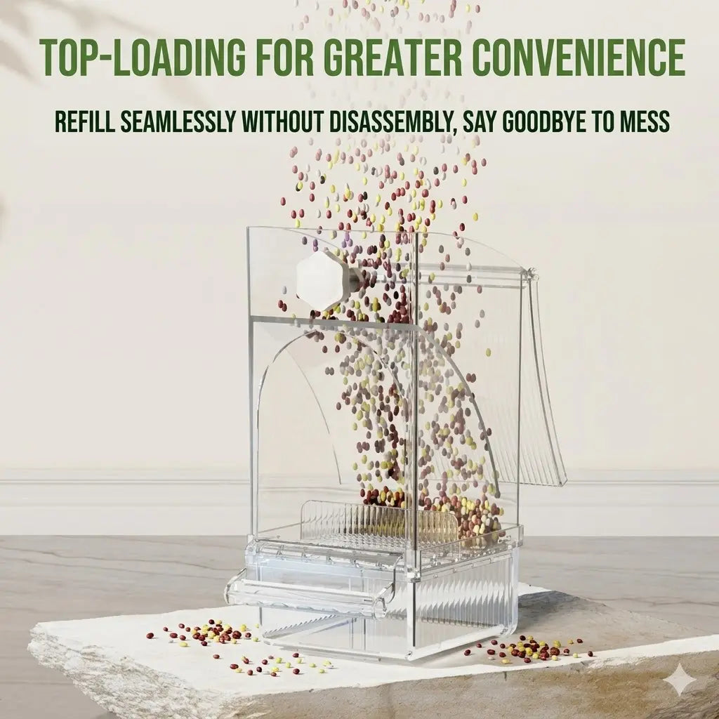 No Mess Bird Feeder for Cage - Automatic Gravity Food Dispenser with Perch, Clear Acrylic Seed Storage for Parakeets, Cockatiels, Budgies & Finches (Waste-Free Design)