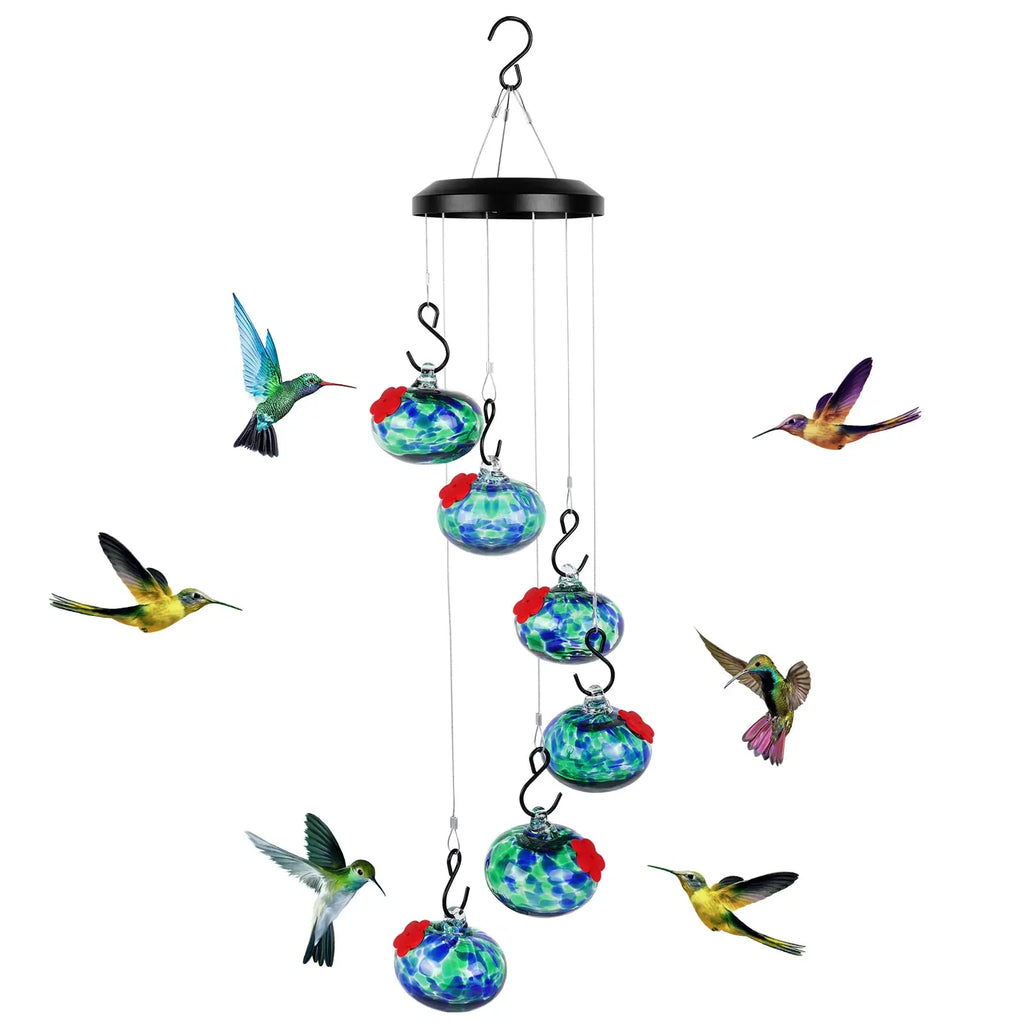 Jewel Tones Hand-Swirled Hummingbird Glass Bird Feeders Set with Perch - 6 Hand-Blown Feeders, 12 Silicone Flower Ports, Wind Chime Cascade Design, Outdoor Garden Decor, Gifts for Moms, Grandparents, Birthdays