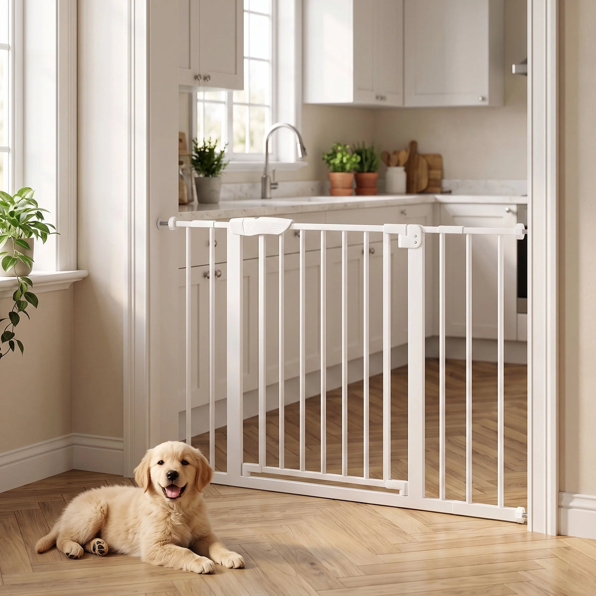 Walk-Thru Pet Gate for Doorways and Stairs, Adjustable 30"-41" Auto-Close Metal Dog Gate, Pressure or Hardware Mount Options for Indoor Openings