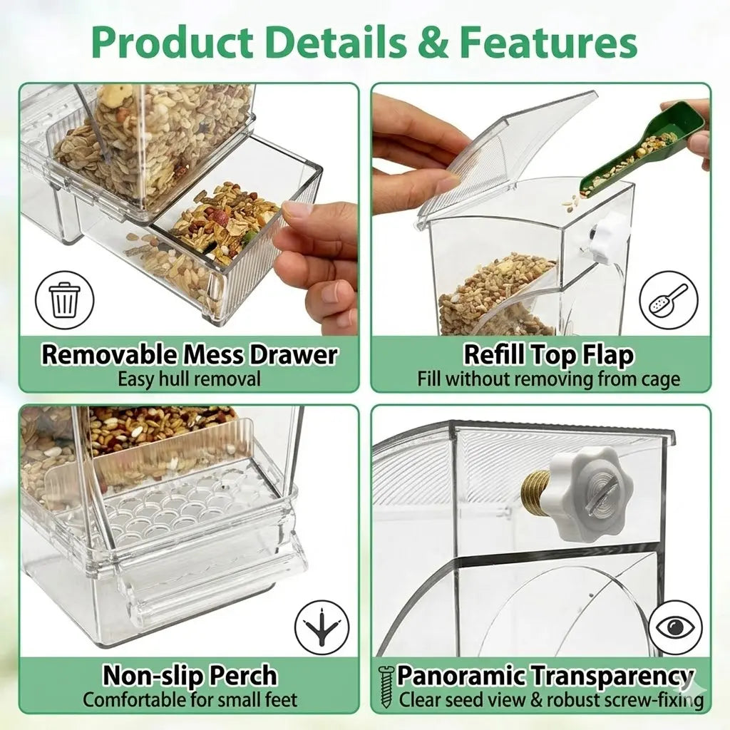 No Mess Bird Feeder for Cage - Automatic Gravity Food Dispenser with Perch, Clear Acrylic Seed Storage for Parakeets, Cockatiels, Budgies & Finches (Waste-Free Design)