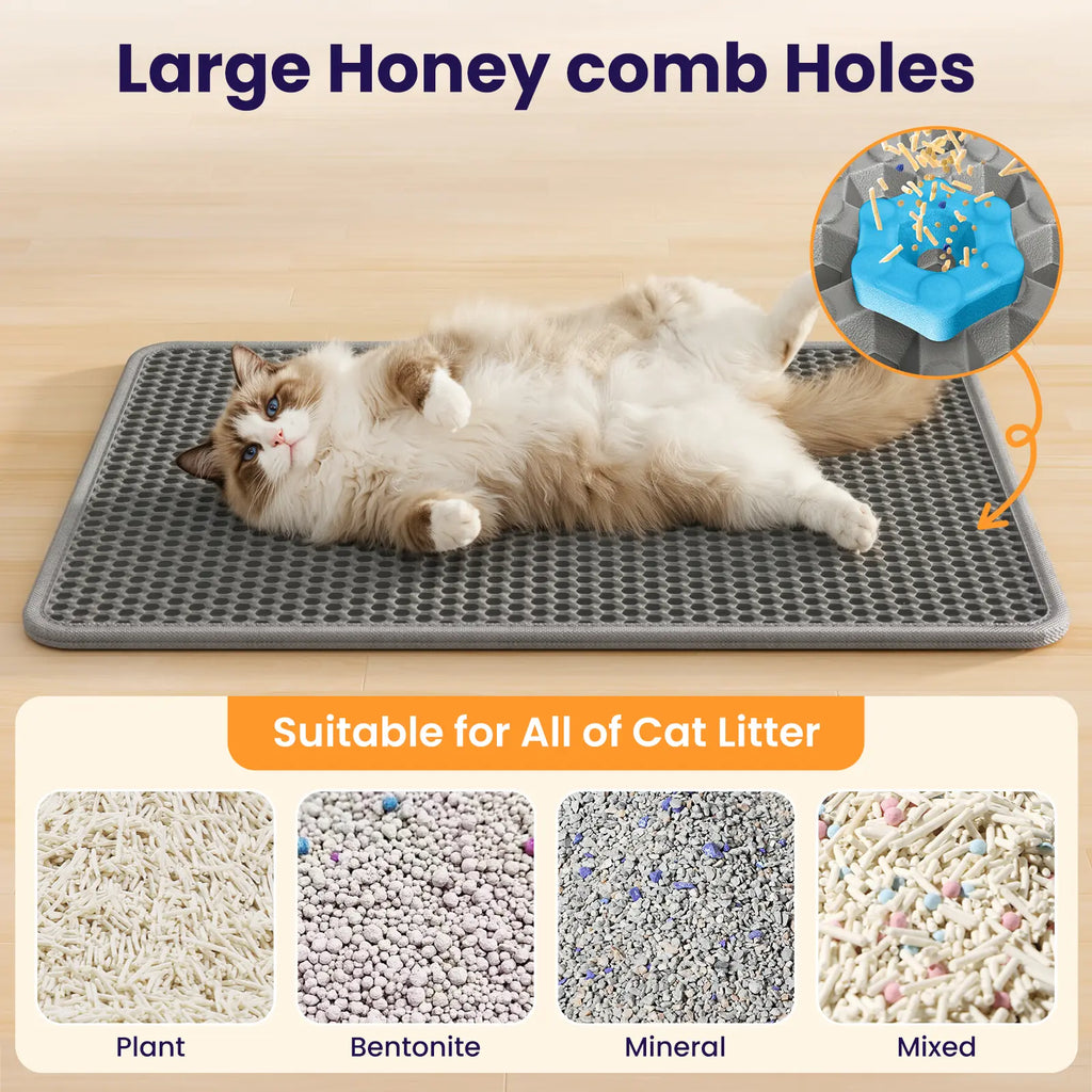 Honeycomb Cat Litter Trapping Mat with Pee Guard, 22X16 in Grey, 2-In-1 Versatility, Double-Layer Effortless Cleanup, Strong Anti-Slip Backing, Side-Opening Design, Leakproof Waterproof Pet Supply for Floor Protection & Sensitive Paws, Pad,Sohochic