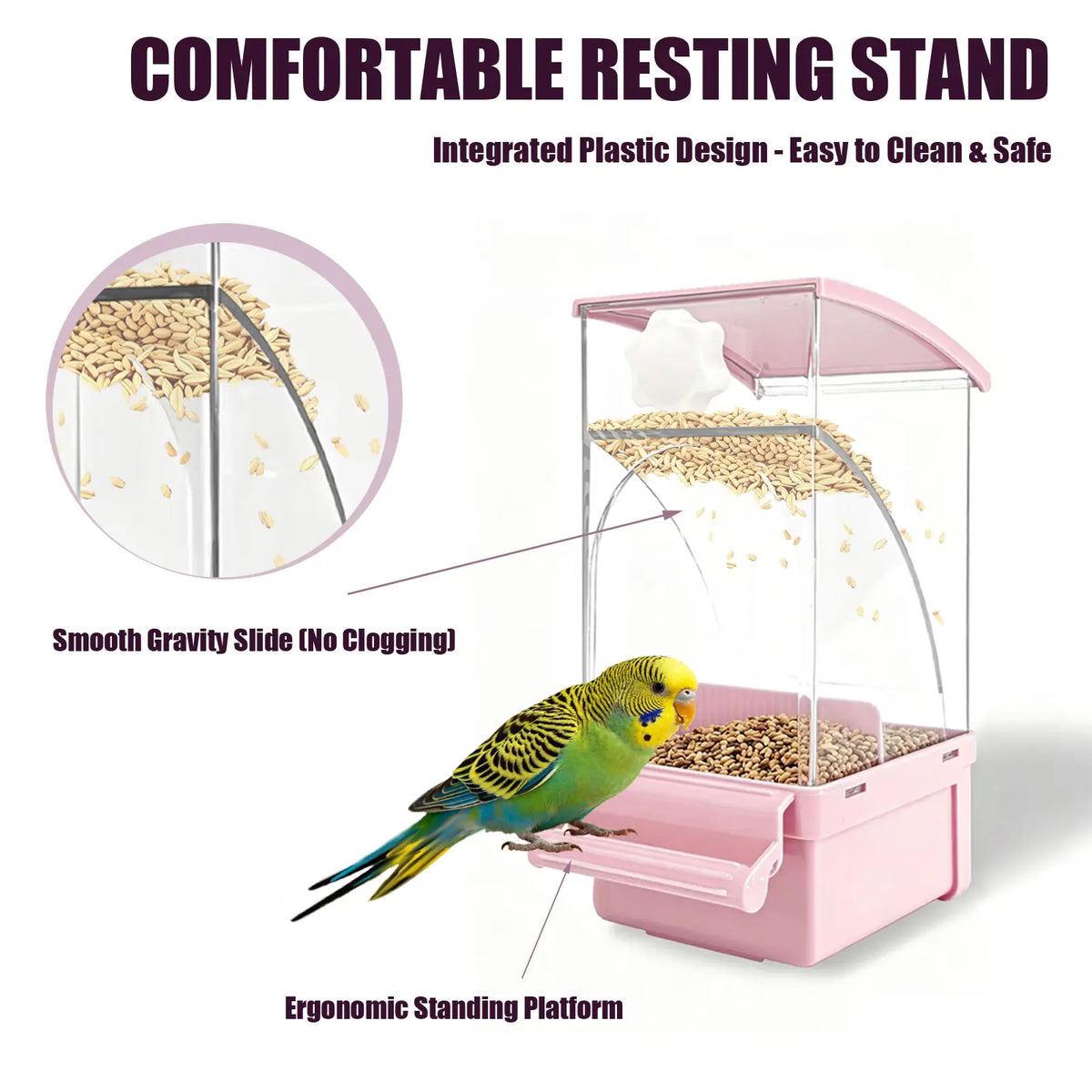 No Mess Bird Feeder for Cage - Automatic Gravity Food Dispenser with Perch, Clear Acrylic Seed Storage for Parakeets, Cockatiels, Budgies & Finches (Waste-Free Design)