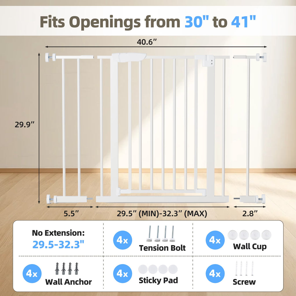 Walk-Thru Pet Gate for Doorways and Stairs, Adjustable 30"-41" Auto-Close Metal Dog Gate, Pressure or Hardware Mount Options for Indoor Openings