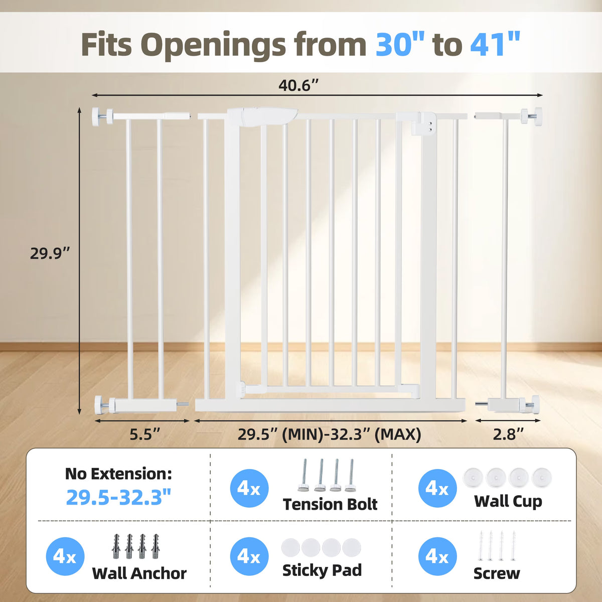 Walk-Thru Pet Gate for Doorways and Stairs, Adjustable 30"-41" Auto-Close Metal Dog Gate, Pressure or Hardware Mount Options for Indoor Openings