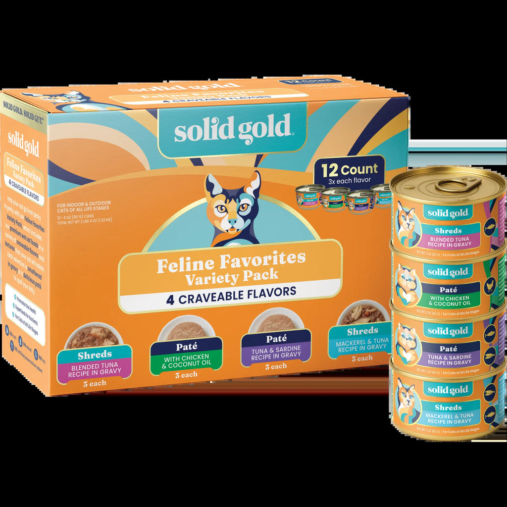 Solid Gold Feline Favorites Wet Food Variety 12 Pack for Cats Fish Assorted Flavors & Textures Complete Balanced Diet