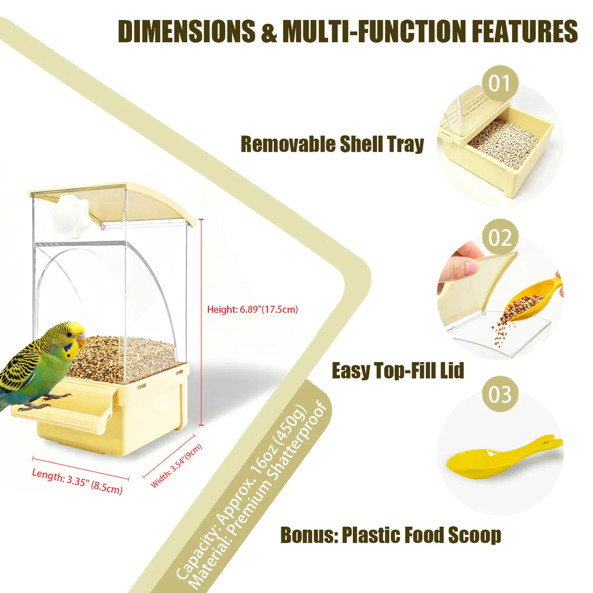 No Mess Bird Feeder for Cage - Automatic Gravity Food Dispenser with Perch, Clear Acrylic Seed Storage for Parakeets, Cockatiels, Budgies & Finches (Waste-Free Design)