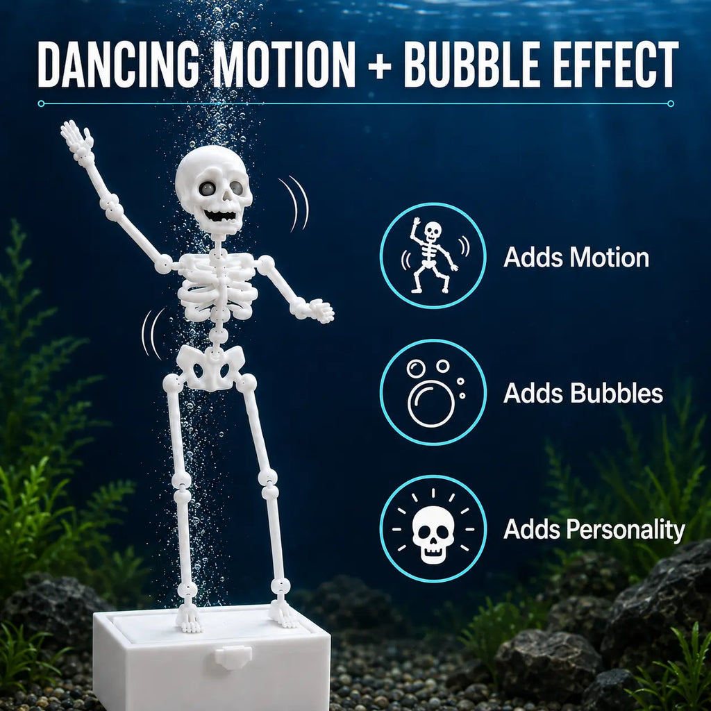 3D-Printed Aquarium Dancing Skeleton Ornament with Suction Cup Base and Air Tube, Bubble-Activated Fish Tank Decoration, Halloween Aquarium Decoration