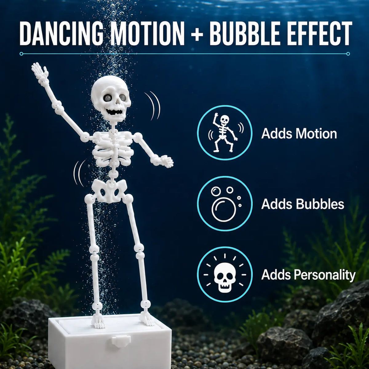 3D-Printed Aquarium Dancing Skeleton Ornament with Suction Cup Base and Air Tube, Bubble-Activated Fish Tank Decoration, Halloween Aquarium Decoration