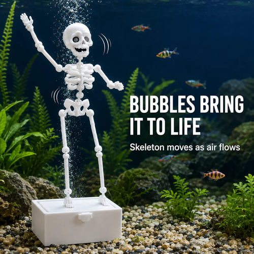 3D-Printed Aquarium Dancing Skeleton Ornament with Suction Cup Base and Air Tube, Bubble-Activated Fish Tank Decoration, Halloween Aquarium Decoration