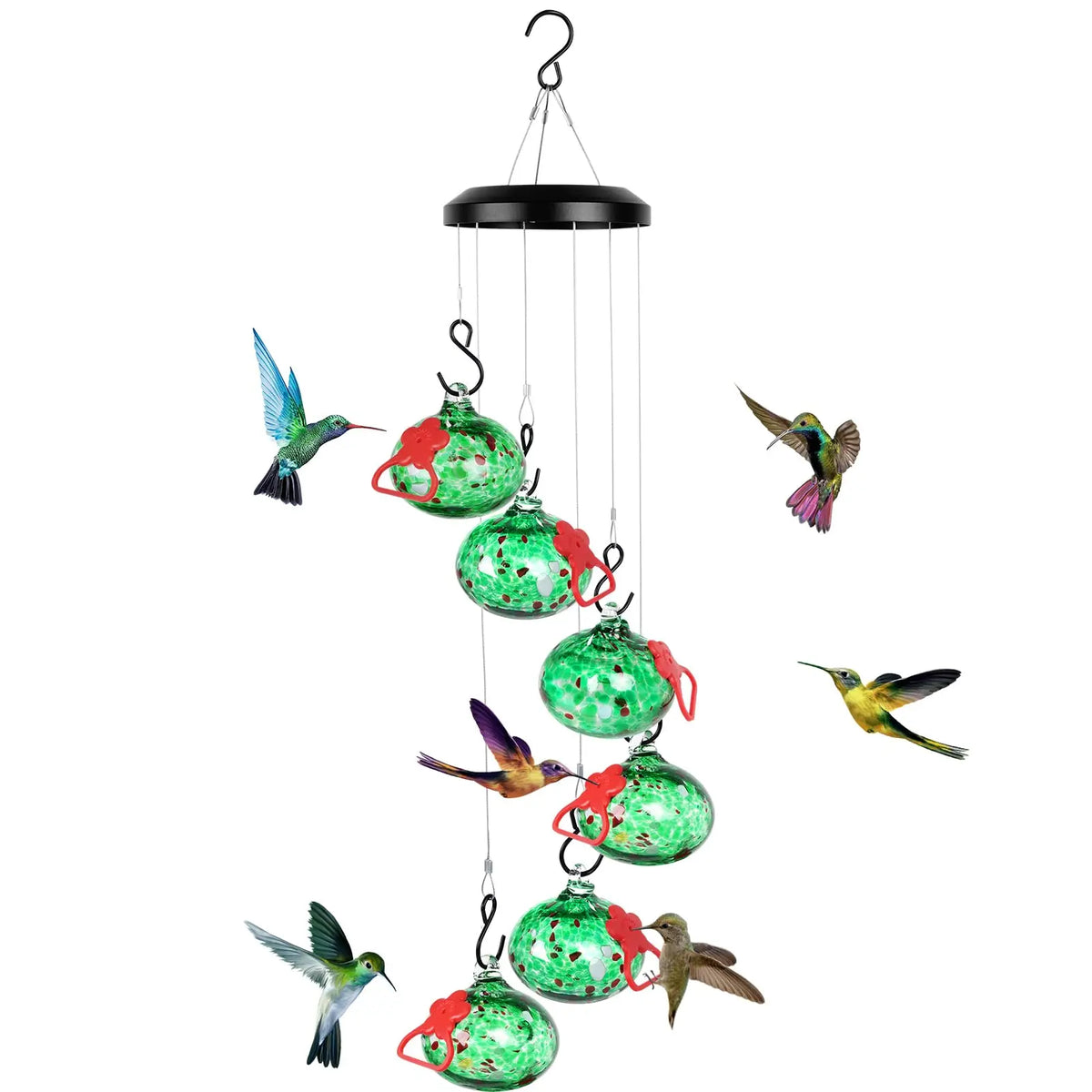 Jewel Tones Hand-Swirled Hummingbird Glass Bird Feeders Set with Perch - 6 Hand-Blown Feeders, 12 Silicone Flower Ports, Wind Chime Cascade Design, Outdoor Garden Decor, Gifts for Moms, Grandparents, Birthdays