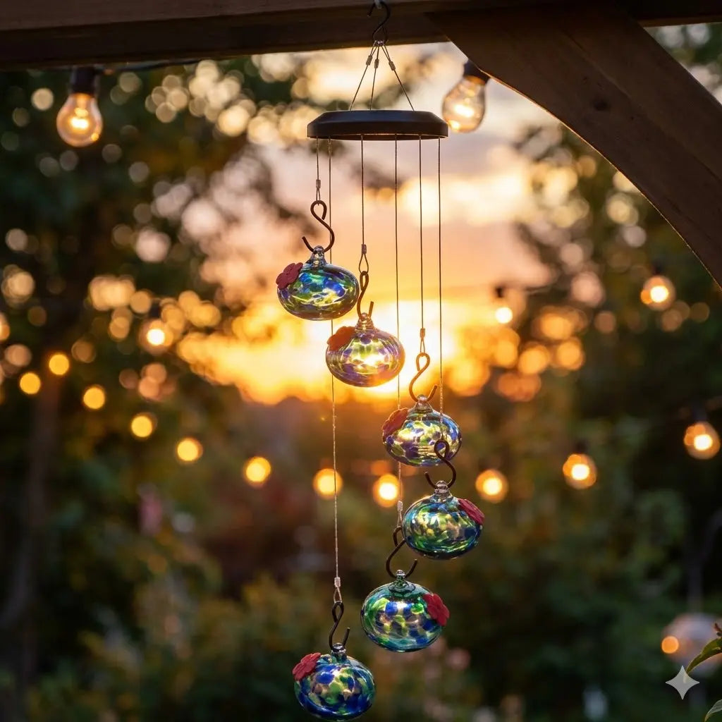 Jewel Tones Hand-Swirled Hummingbird Glass Bird Feeders Set with Perch - 6 Hand-Blown Feeders, 12 Silicone Flower Ports, Wind Chime Cascade Design, Outdoor Garden Decor, Gifts for Moms, Grandparents, Birthdays