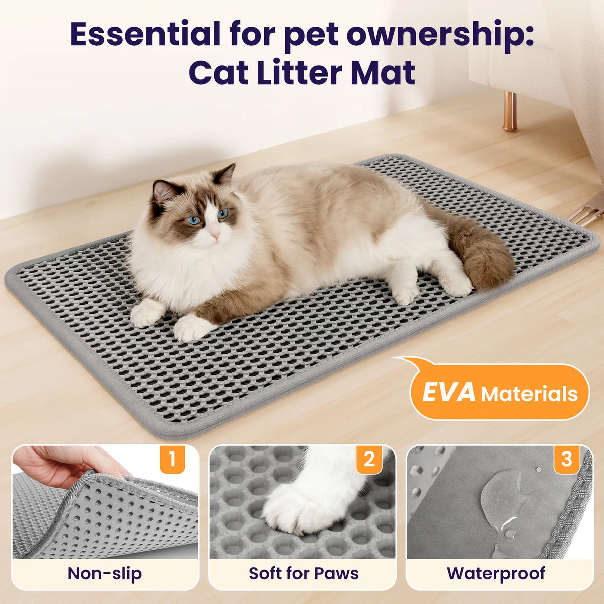 Honeycomb Cat Litter Trapping Mat with Pee Guard, 22X16 in Grey, 2-In-1 Versatility, Double-Layer Effortless Cleanup, Strong Anti-Slip Backing, Side-Opening Design, Leakproof Waterproof Pet Supply for Floor Protection & Sensitive Paws, Pad,Sohochic