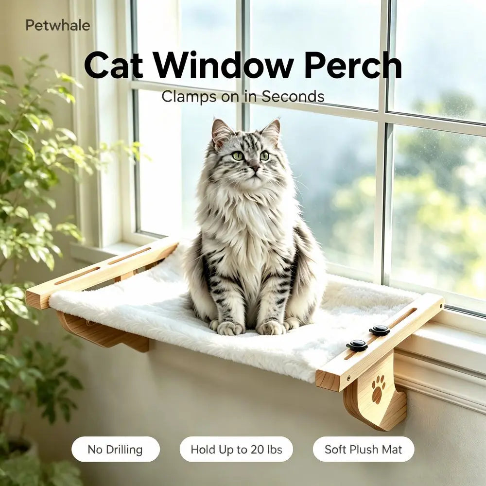 Petwhole Cat Window Sill Perch-Natural Wood & Metal Frame for Large Cats and Kittens, Adjustable Foldable Cat Window Bed with Large Load Capacity,Sturdy and Durable,Universal Fit for All Windowsills & Bedside,Easy to Adjust,Cat Sunbathing Rest Essential