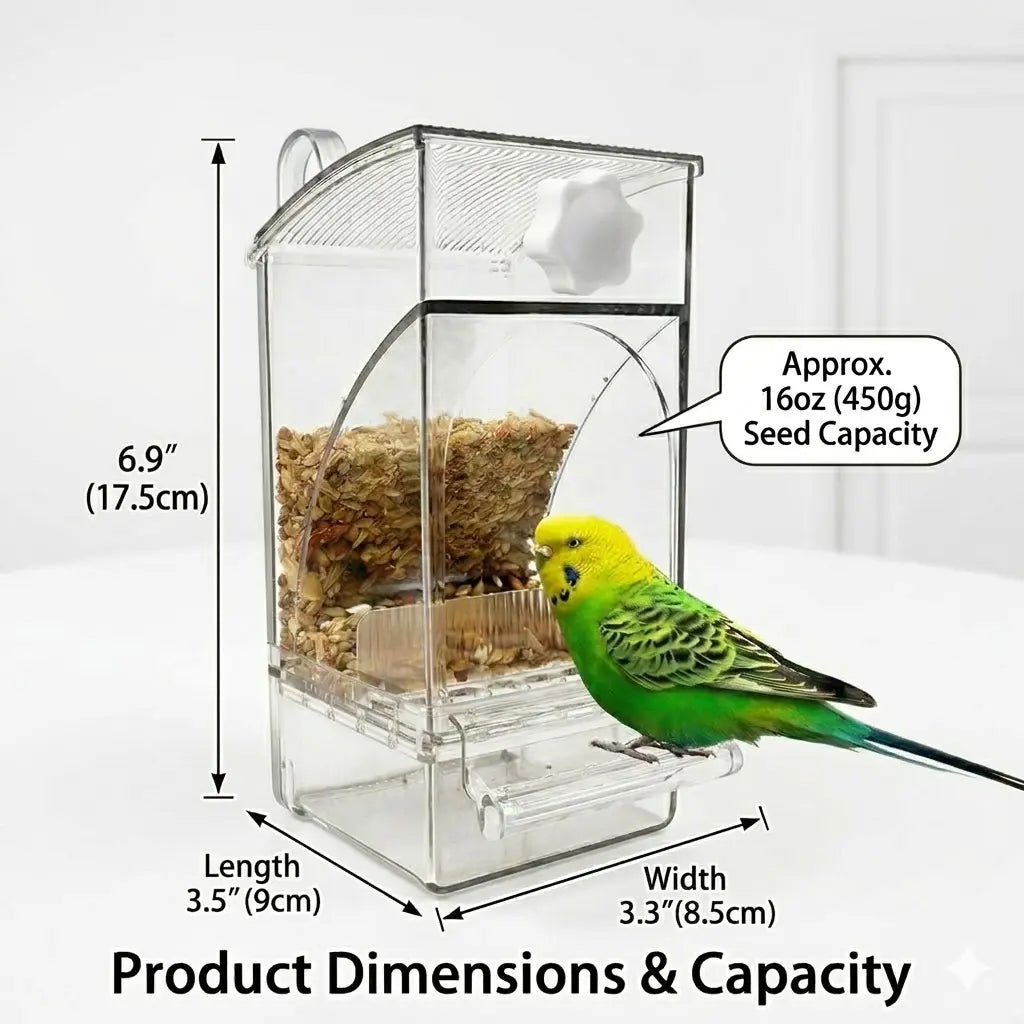 No Mess Bird Feeder for Cage - Automatic Gravity Food Dispenser with Perch, Clear Acrylic Seed Storage for Parakeets, Cockatiels, Budgies & Finches (Waste-Free Design)