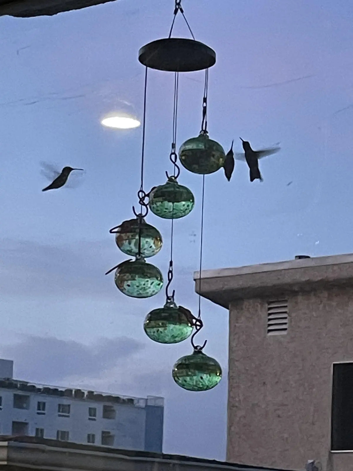 Jewel Tones Hand-Swirled Hummingbird Glass Bird Feeders Set with Perch - 6 Hand-Blown Feeders, 12 Silicone Flower Ports, Wind Chime Cascade Design, Outdoor Garden Decor, Gifts for Moms, Grandparents, Birthdays