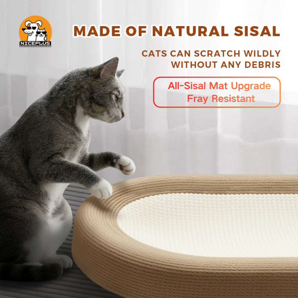 NICEPLUS 2-In-1 Cat Scratcher Lounge Bed, Play and Rest Design, Sisal Cardboard Mix, No Paper Scraps, anti Overturning, Heavy Duty Plant Fiber, Non-Toxic, Eco-Friendly
