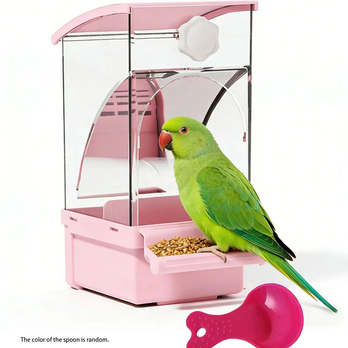 No Mess Bird Feeder for Cage - Automatic Gravity Food Dispenser with Perch, Clear Acrylic Seed Storage for Parakeets, Cockatiels, Budgies & Finches (Waste-Free Design)