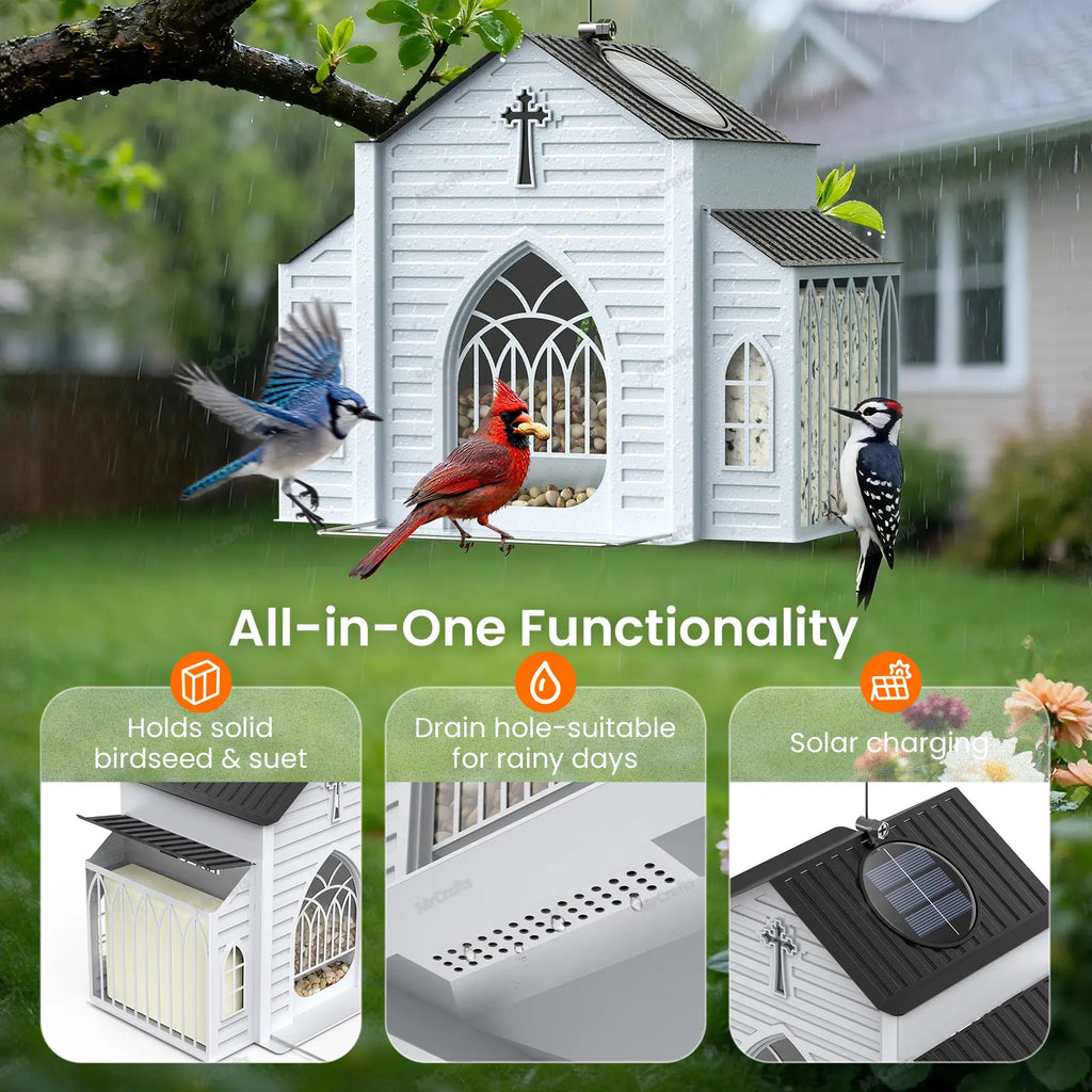Mrcrafts Solar Powered Church-Shaped Metal Bird Feeder, 10.35''×6.69''×8.2'' Hanging Outdoor Feeding Tool, 4Lb Large Capacity, Bird Suet Design, Weatherproof Stain Resistant Garden Decor, Unique Christmas Gift