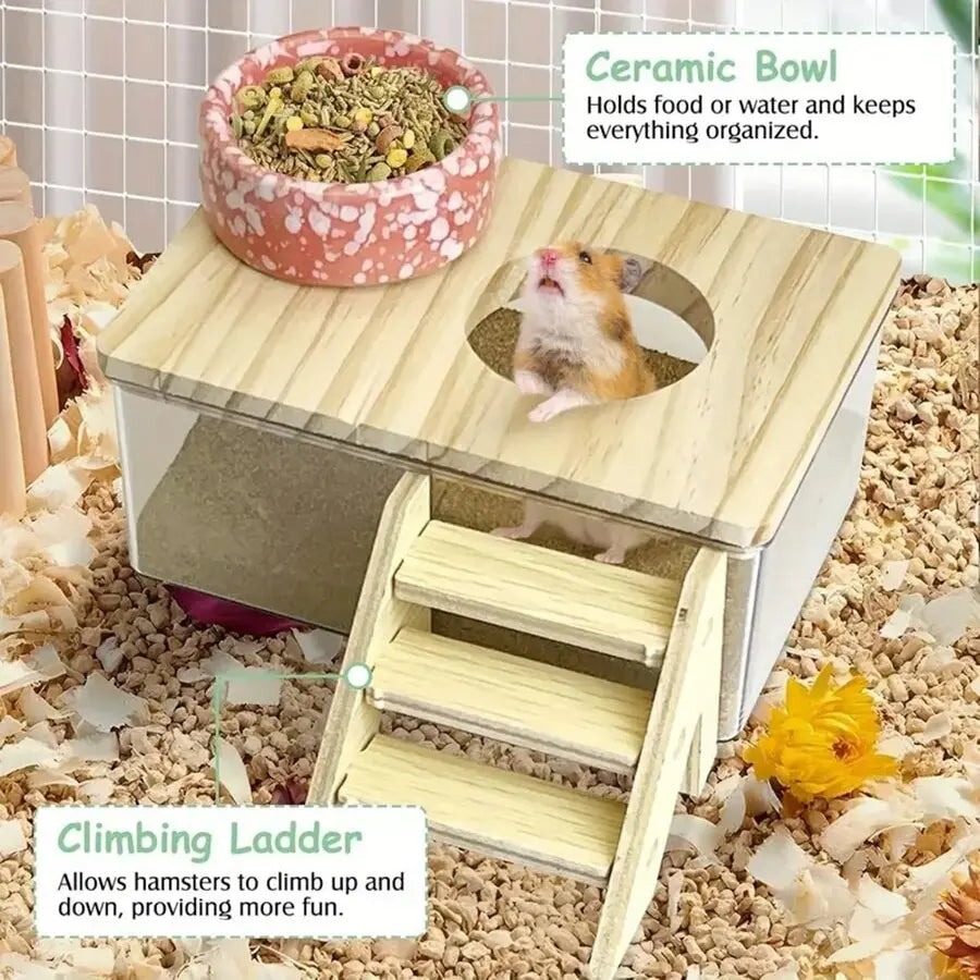 Transparent Acrylic Bath Sandbox or Ladder, Dual Purpose Large Small Pet Toilet Bowl, Beach Theme Design, Wooden Platform, Ideal for Goldfish Supplies, Hamster Cage Habitat, Hamster Cabinet Habitat